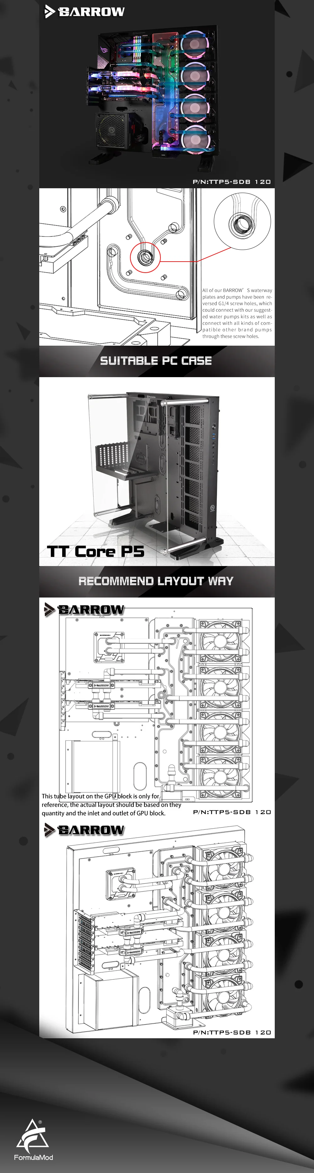 Barrow TTP5-SDB-120, Waterway Boards For TT Core P5 Case, For Intel CPU Water Block & Single/Double GPU Building  