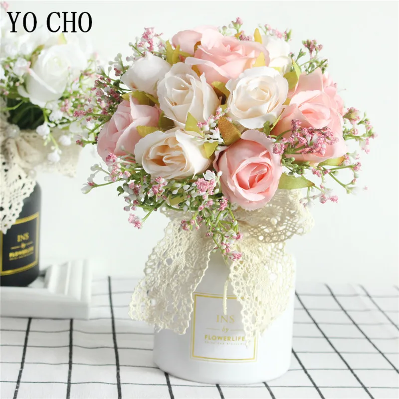 Wedding bouquets artificial rose flowers artificial gypsophila plants YO CHO Bouquet Bride Wedding Flower Bouquet Artificial Silk Rose Fake Babys Breath Pink Bridesmaid Hold Flower Wedding Supplies