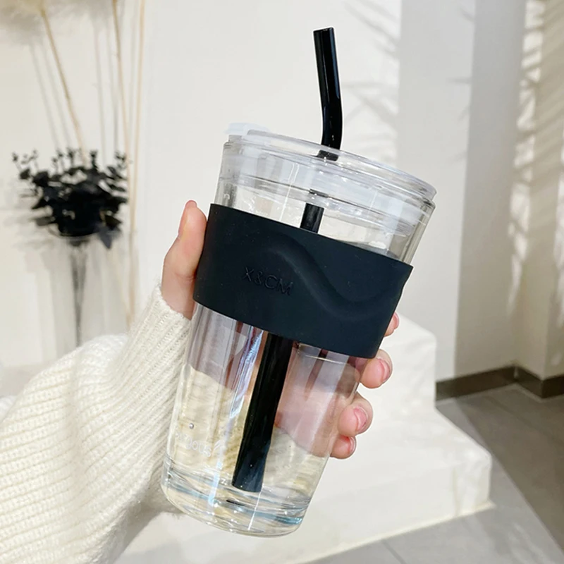 450ml Glass Water Cup With Straw Lid Large Fashion Coffee Tea Milk Juice  Breakfast Cups INS Simple Gasses For Drinks Bottle Gift