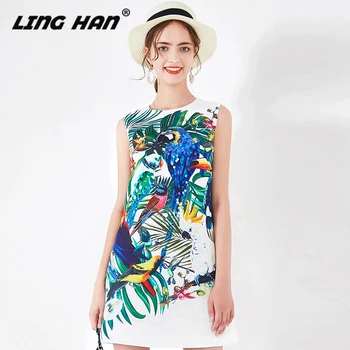 

LINGHAN Designer Women Spring Summer 2020 Sequins Print Sleeveless Mini Dress Holiday Dresses Lady Party Vestidos Robe