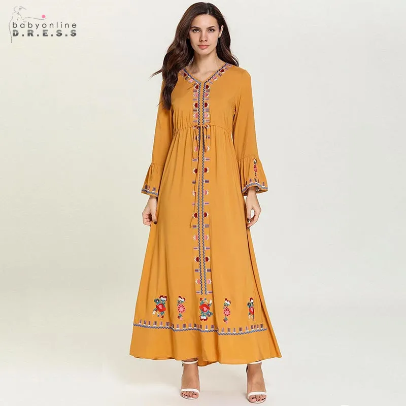 

Middle East V-neck Muslim Arabic Long Evening Dress Ginger Yellow Patterns A-line Dubai Evening Gown Robe de Soiree Abendkleider