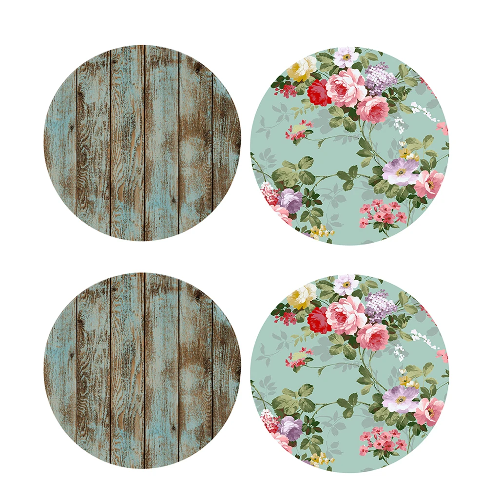 2Pcs Table Cover Round Tablecloth Floral&Shabby Wood Pattern Reusable Polyester Home Kitchen Decoration