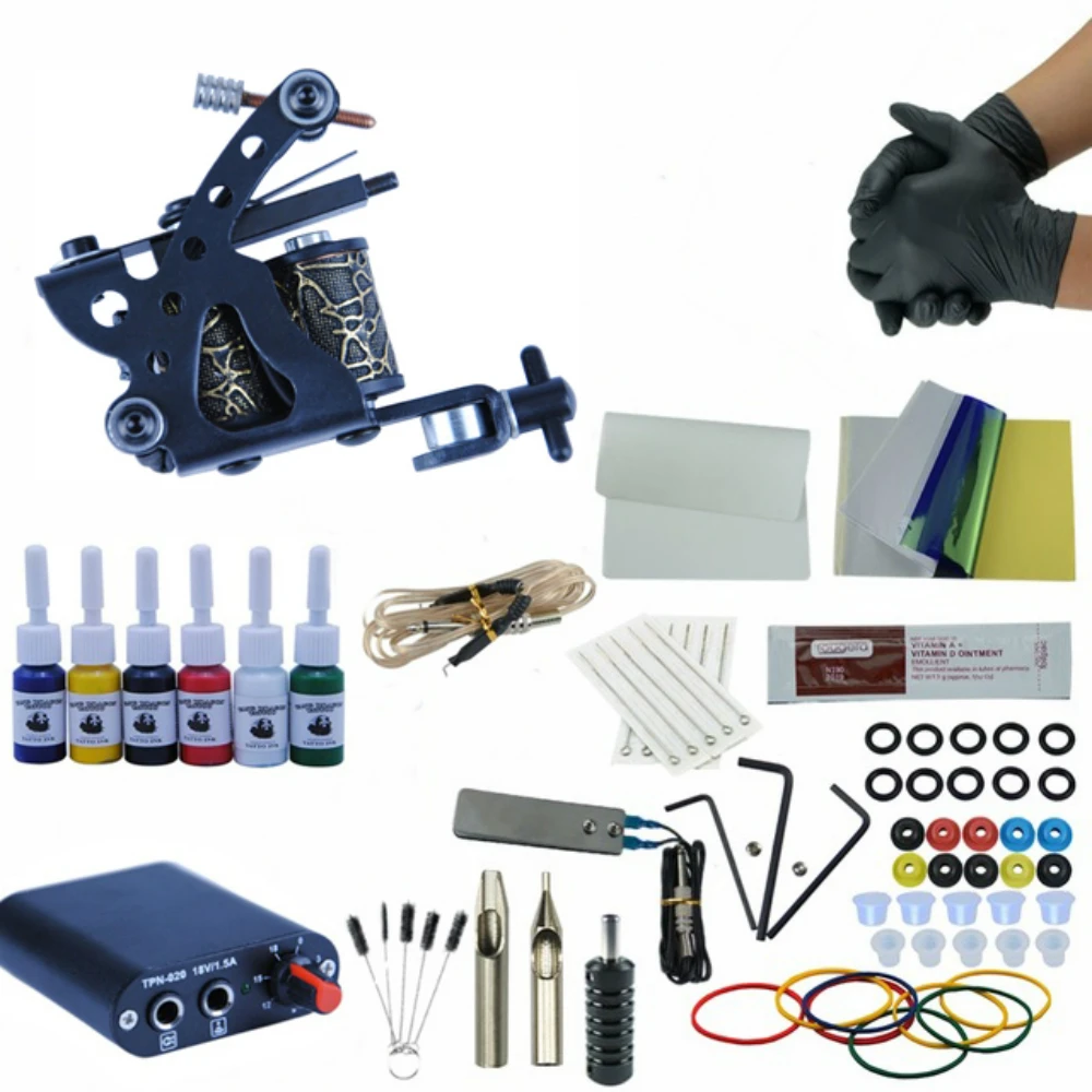 

Starter Tattoo Machine Set Coils Single Gun 6 Colors Pigment Inks Sets Black Power Tattoo Grip Kit Permanent Makeup