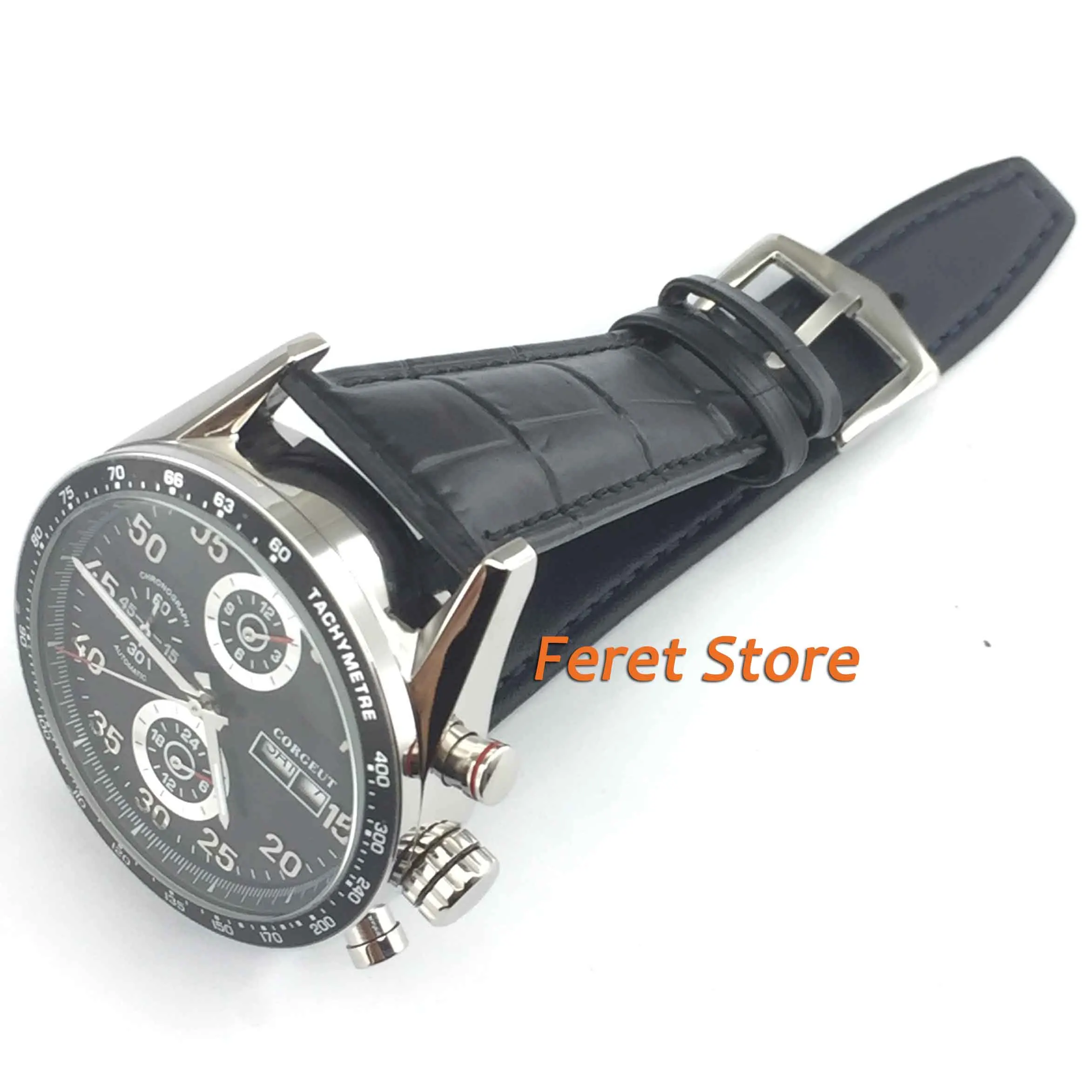 Corgeut 44 мм черный циферблат кожаный Дата автоматический механизм мужские модные часы корпус из нержавеющей стали водонепроницаемые механические часы