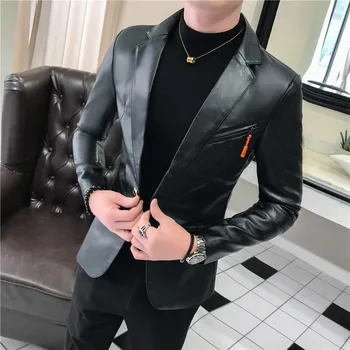

Faux Leather Suit Jacket Men's Korean Slim Fit Coat Blazer Men White Red Black Fashion Streetwear Blazer Jackets Male Hot Sale