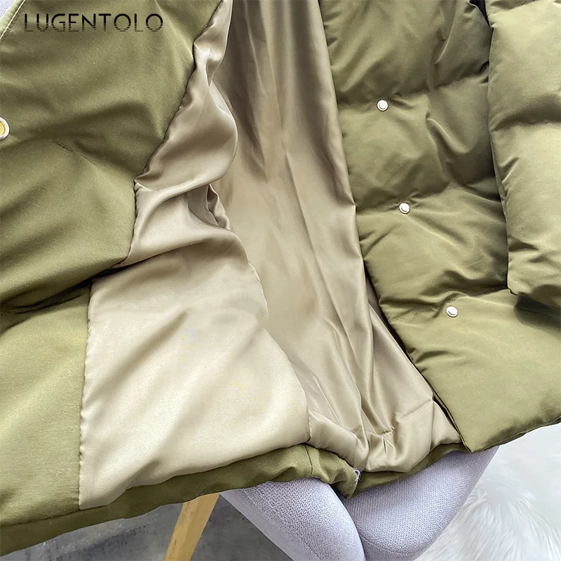 Lugentolo парка для женщин зимнее пальто свободная куртка теплая однотонная средней длины Корейская хлебная одежда утепленная Простая Повседневная парка на пуговицах