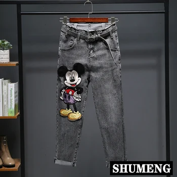 

2020 Spring New Cowboy Harem Pants Female Cartoon Embroidery High-Waisted Stretch Jeans Pants Female Student Denim Trousers
