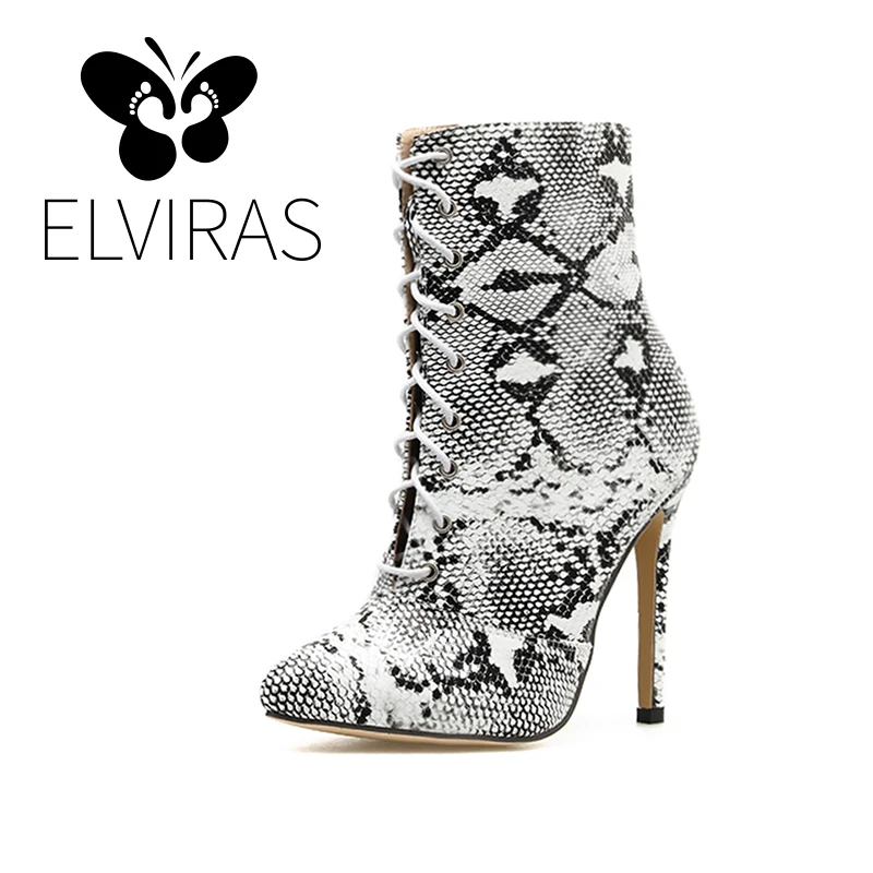 

ELVIRAS Winter Autumn Women Ankle Boots Snakeskin Lace Up Pointed Toe Footwear High Heels Female Boots Stiletto Heels Party Shoe