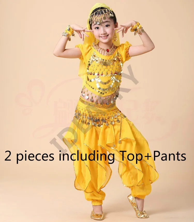 yellow 2pcs Детский набор костюма для танца живота Восточные Танцевальные костюмы для девочек Египетский Болливуд Индийский танец живота индийская Одежда для взрослых - Цвет: yellow 2pcs