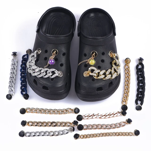 Top Seller 1 Pcs Croc Shoes Charms Gold Silver Bling Black Chain Shoe Metal  Decoration Big Clear Plastic Bracelet Accessories