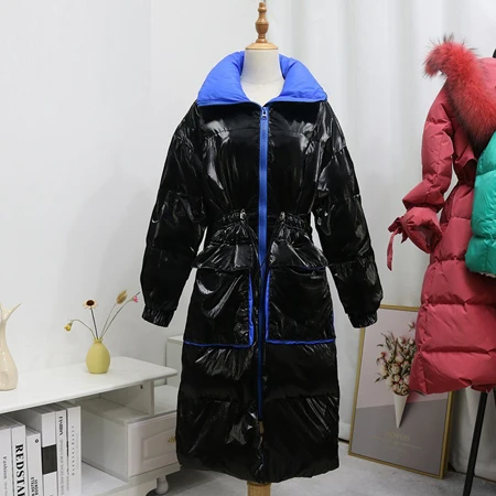 Winter Women Silver Duck Down jacket Loose High collar Female Long Outwear Long sleeve Thick warm Coat Casual YNZZU 9O096 - Цвет: Синий