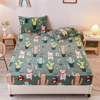 

Mattress Cover Flannel Plant Pattern Warm Fitted Sheet With Elastic Winter Soft Bed Cover For Double Bed drap de lit Bedclothes