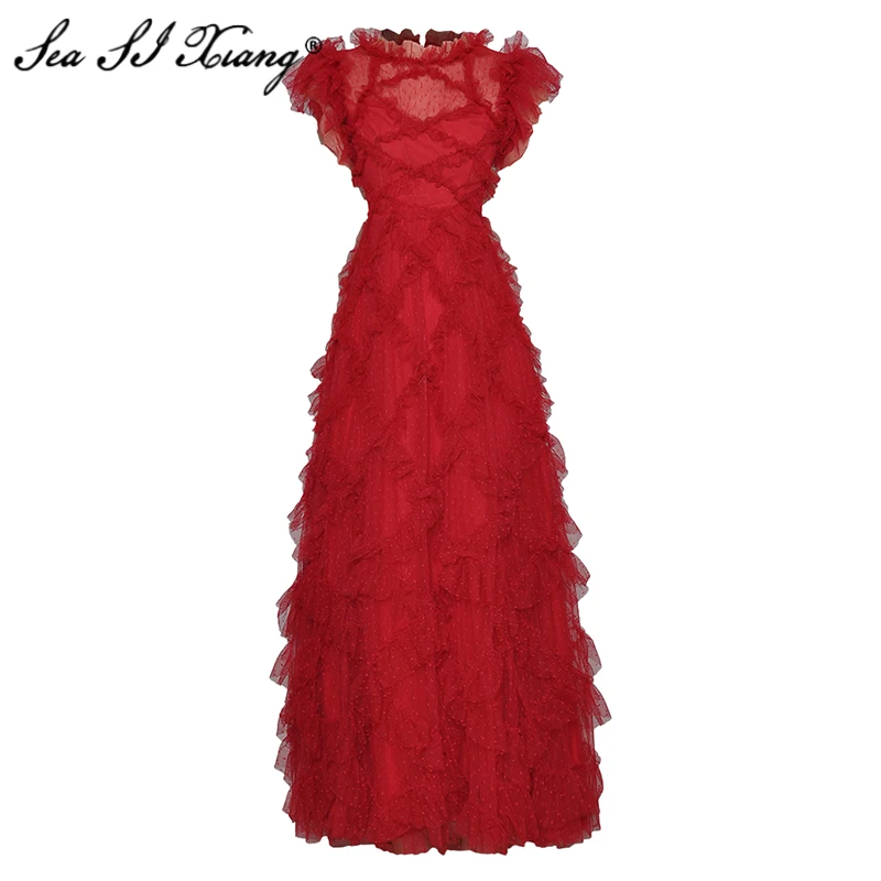 

Seasixiang Fashion Designer Summer Mesh Long Dress Women Stand Collar Short Sleeve Dot High Waist Red Party Maxi Dresses