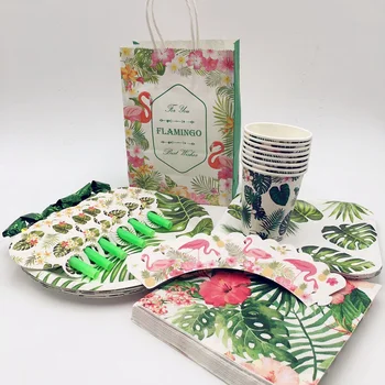 

Green Palm Leaves Monstera Flamingo Pineapple Hawaiian Disposable Party Tableware Set