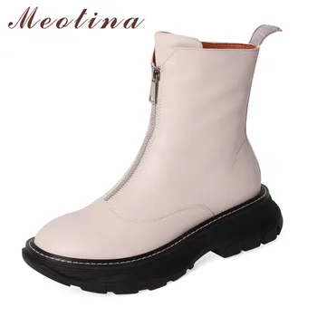 

Meotina Short Boots Women Shoes Real Leather Platform Mid Heel Ankle Boots Thick Heels Zipper Female Boots Autumn Winter Size 40