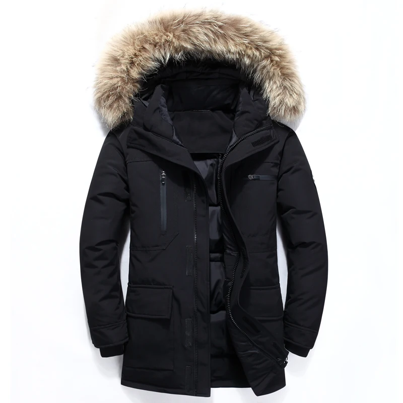 Новинка 2019 Длинная зимняя куртка на утином пуху с меховым капюшоном Мужская