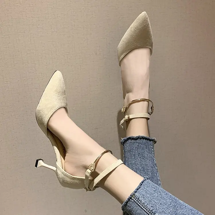 

ZHENZHOU 7CM PUMPS New suede for spring 2020 Hollow-out metal decorative high-heeled shoes foreign trade large size women shoes