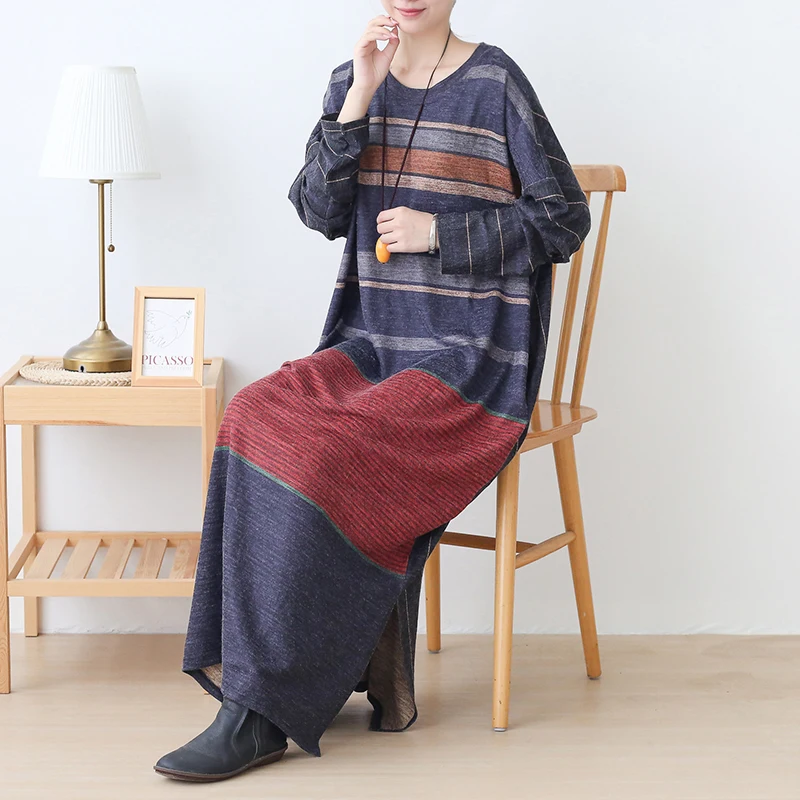 New Autumn Maxi Dresses for Women Casual Loose Long Sleeve Dress Women Knitting Striped Rabbit Hair Printed Robe Winter Vestidos