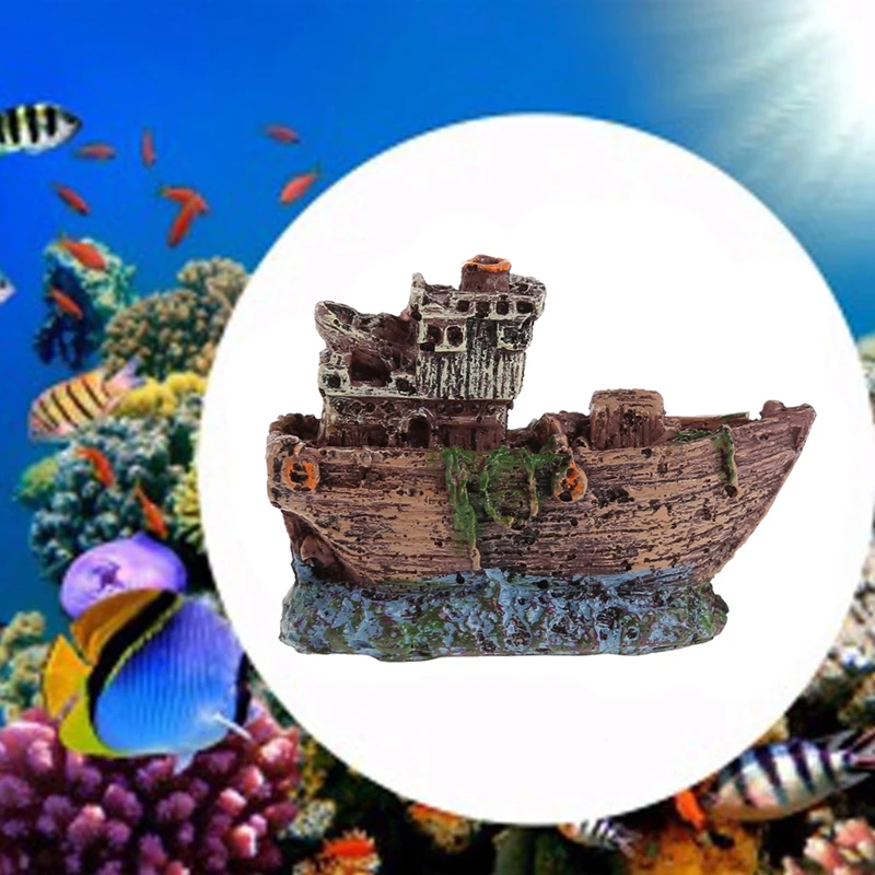 OOTDTY New Resin Aquarium Ornament Sunk Ship Wreck Boat Fish Tank Cave Decor Underwater