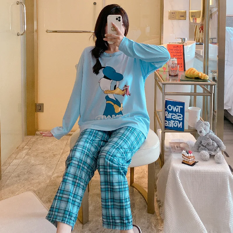 Pajam Cartoon Mickey Minnie Duck Tigger Pajamas Women Spring Autumn Long Sleeve Student Cute Loose Pajamas 2pcs Suit 6