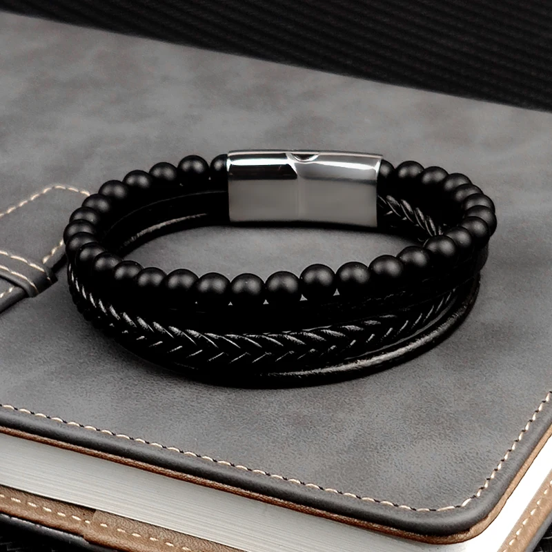 Natural Stone Multi-Layer Leather bracelet Black Stainless Steel Magnetic Clasp Tiger eye - Image 3