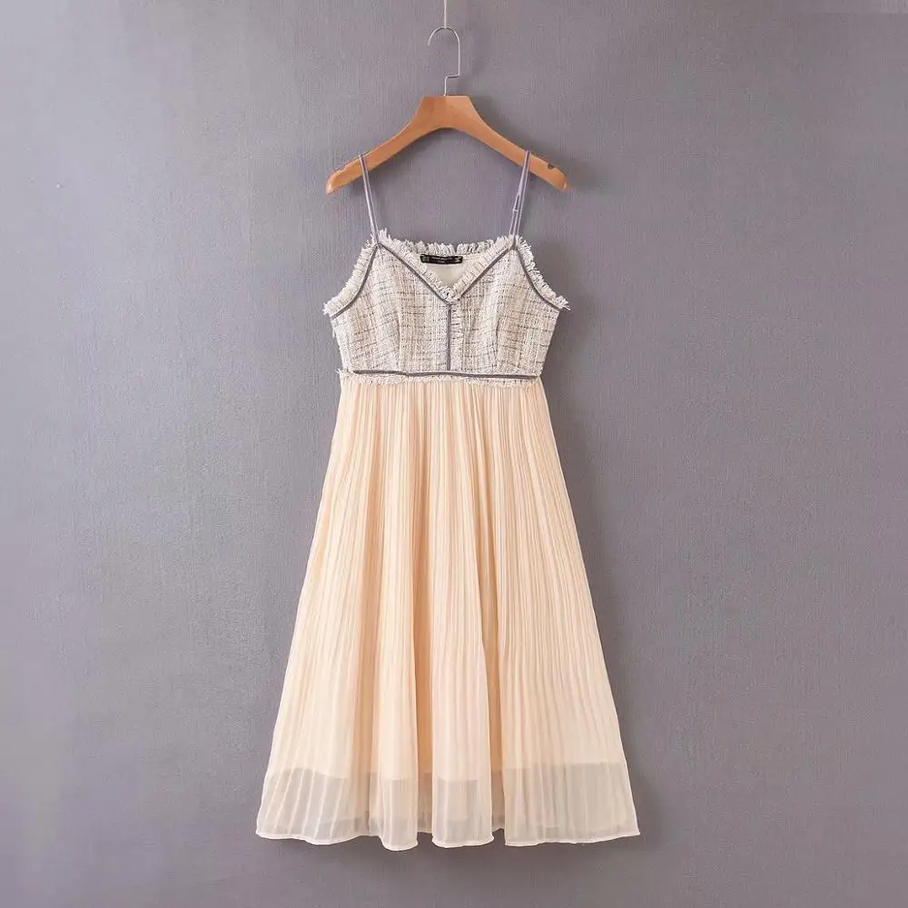 Женское твидовое лоскутное плиссированное платье на бретельках Элегантное