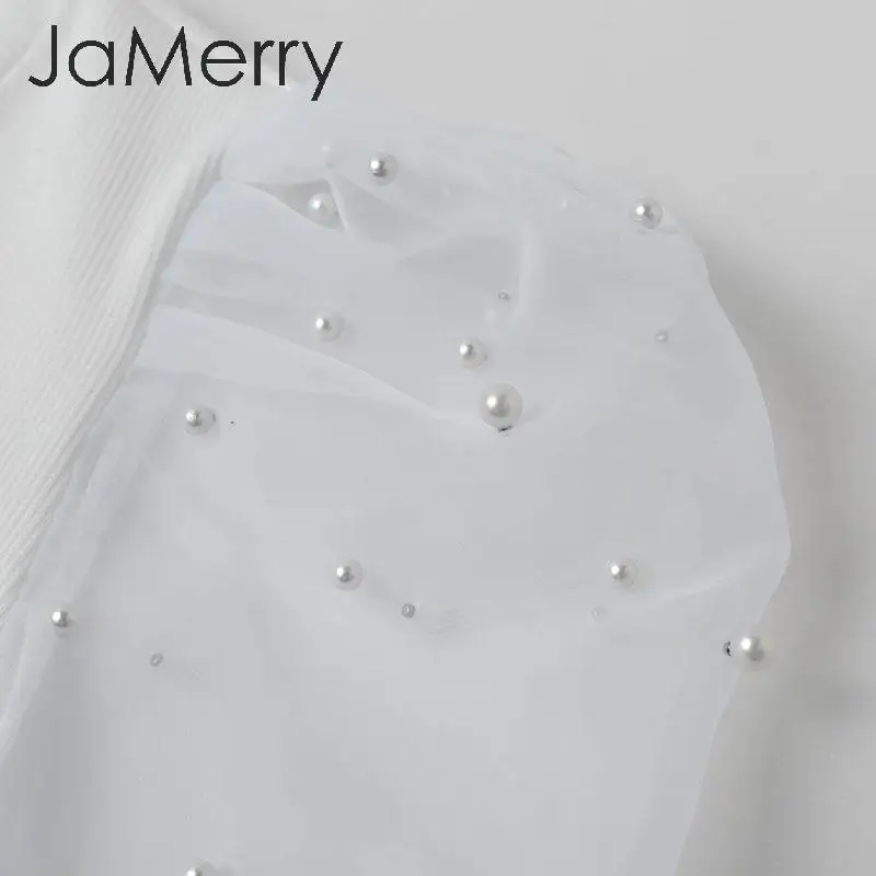 JaMerry, элегантная, жемчужная, сетчатая блузка, рубашка, для женщин, с пышными рукавами, Женский вязаный Топ, рубашка, осень, продается, повседневная, праздничная одежда, женские топы