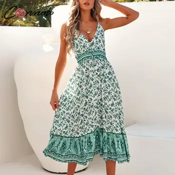 

Conmoto beach summer ruffles women dress floral spaghetti strap boho casual dresses backless sexy long dress vestidos