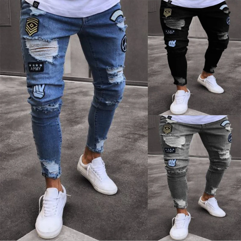 2018 Homens Elegantes Calcas джинсы Rasgado Biker Skinny Slim Reta Desgastados Novas Moda Джинсы skinny homens Roupas | Мужская