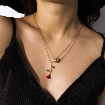 

IngeSight.Z Korean Elegant Red Rose Flower Choker Necklace Collar Women Statement Muli Layer Ball Long Pendant Necklace Jewelry