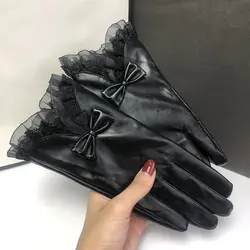 Touch Screen Lace Gloves Women Plus Velvet Thickening Korean Cute Solid Color Cycling Cold Protection Black Leather Gloves