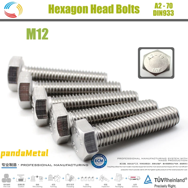 

SUS304 stainless steel hexagon head bolt German industrial standard DIN933 external hexagon screw metric thread diameter M12