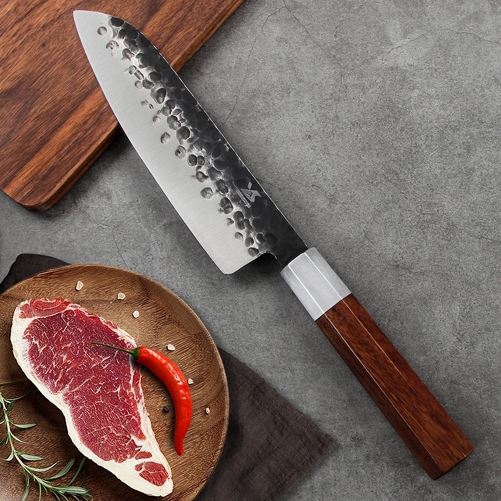 BIGSUNNY 7," Forge молотый нож Santoku нож для мяса овощерезка из высокоуглеродистой нержавеющей стали с восьмиугольной ручкой из палисандра