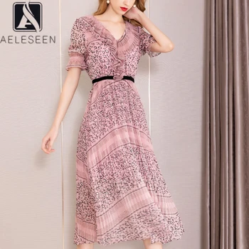 

AELESEEN Runway Pink Dress 2020 Summer Spring Silk Dress Puff Sleeve Ruffles V-Neck Pleated Leopard Print Party Midi Dress