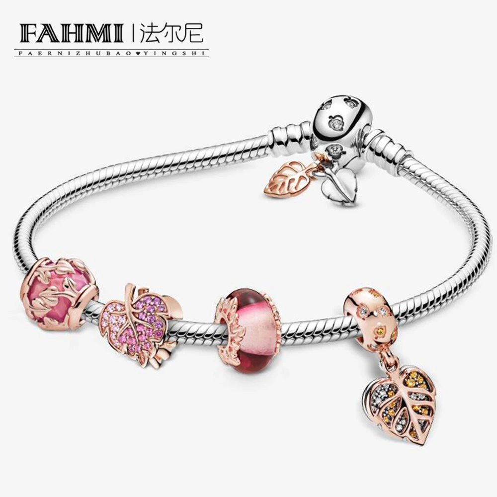 

FAHMI 100% 925 Sterling Silver 2019 Autumn ZT0412 Magic Forest Rose Gold Leaf Maple Leaf Bracelet Set Original Jewelry