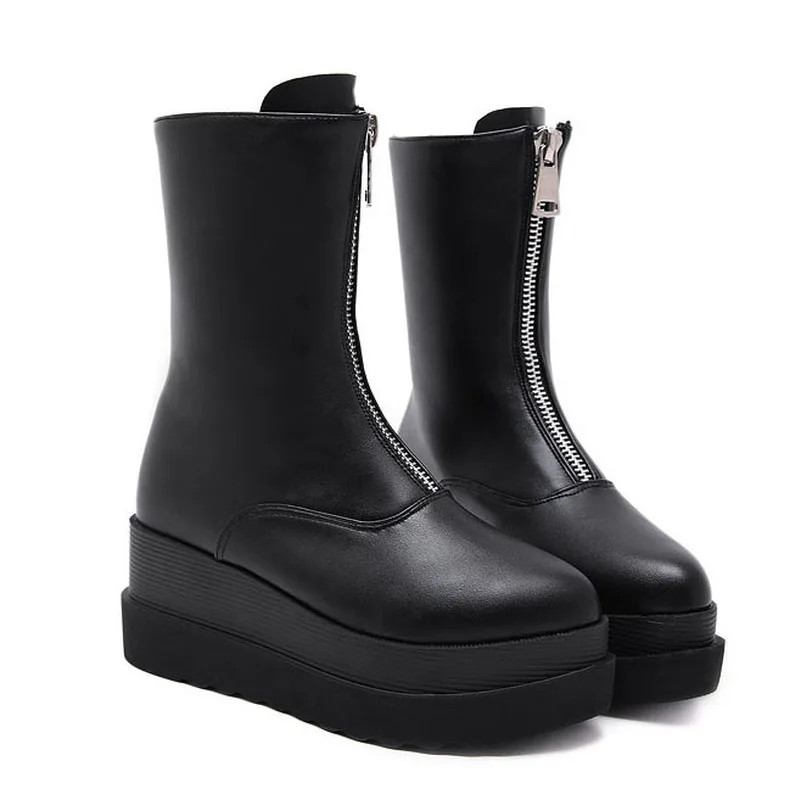 HOKSZVY Women Platfrom Boot Heavy-bottomed Martin Boots Front Zipper Plus Fleece Baitao Soft Leather Slope High-heeled Shoes JXQ