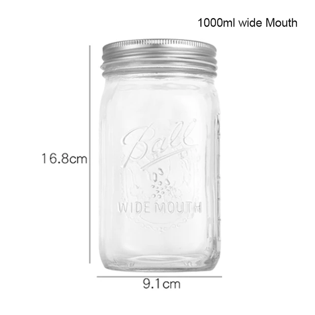 GF Mason Jars with Airtight Lids Glass Sugar Container for Canning Preserving Meal Prep Jam Jelly Kitchen Storage Containers Wide Mouth-1000ml
