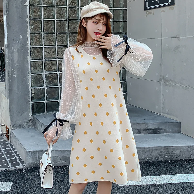 

Sweater Waistcoat Two-Piece Skirt Women's Early Autumn New Style WOMEN'S Dress Korean-style Short-height Polka Dot Jersey Dress
