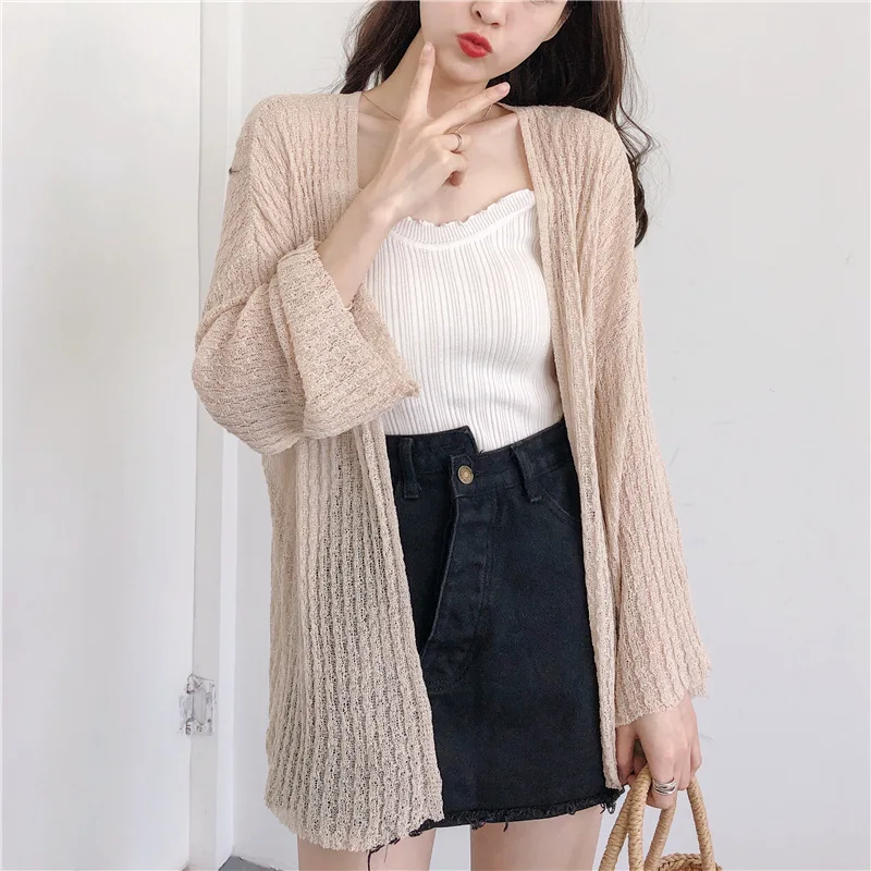 

Hawiton Casual Cardigan Sweaters Women Hollow Out Knitted Summer White Knitwear Cardigans Open Front Long Sleeve Female Sweater