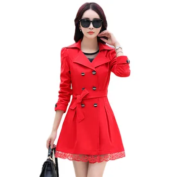 

Trench coat women red plus size 2020 spring autumn Korean thin slim long sleeve belt double-breasted windbreaker feminina JD834