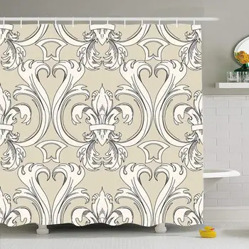 

Shower Curtain Set with Hooks 72x78 Fleurdelis Pattern in Retro Flourishes Flower Beige Brocade Color Outline Textures Luxury