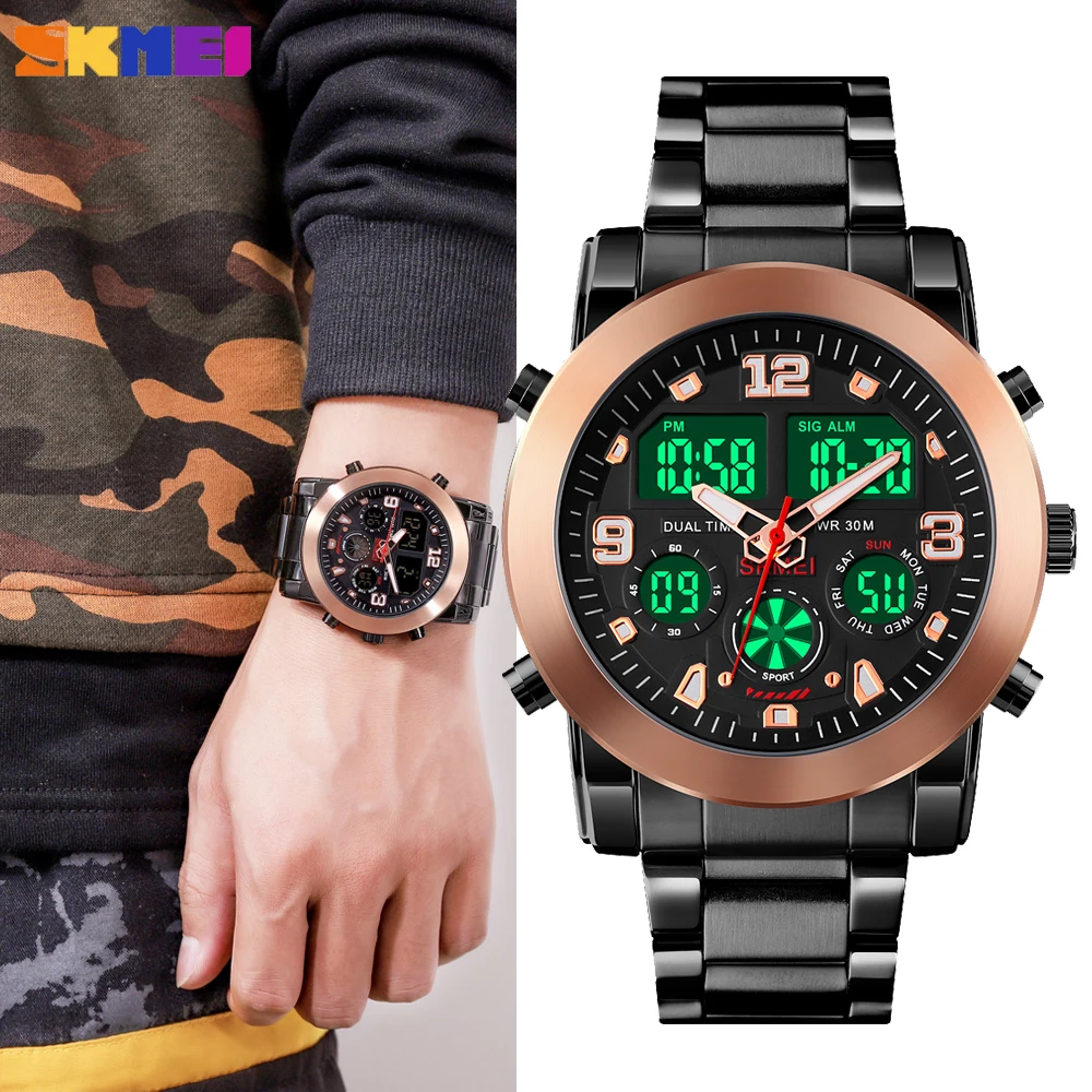 

SKMEI Luxury Digital Mens Quartz Watches Sport 3 Time Count Down Clock Chronograph Waterproof Stainless Steel Male Wrist Watch