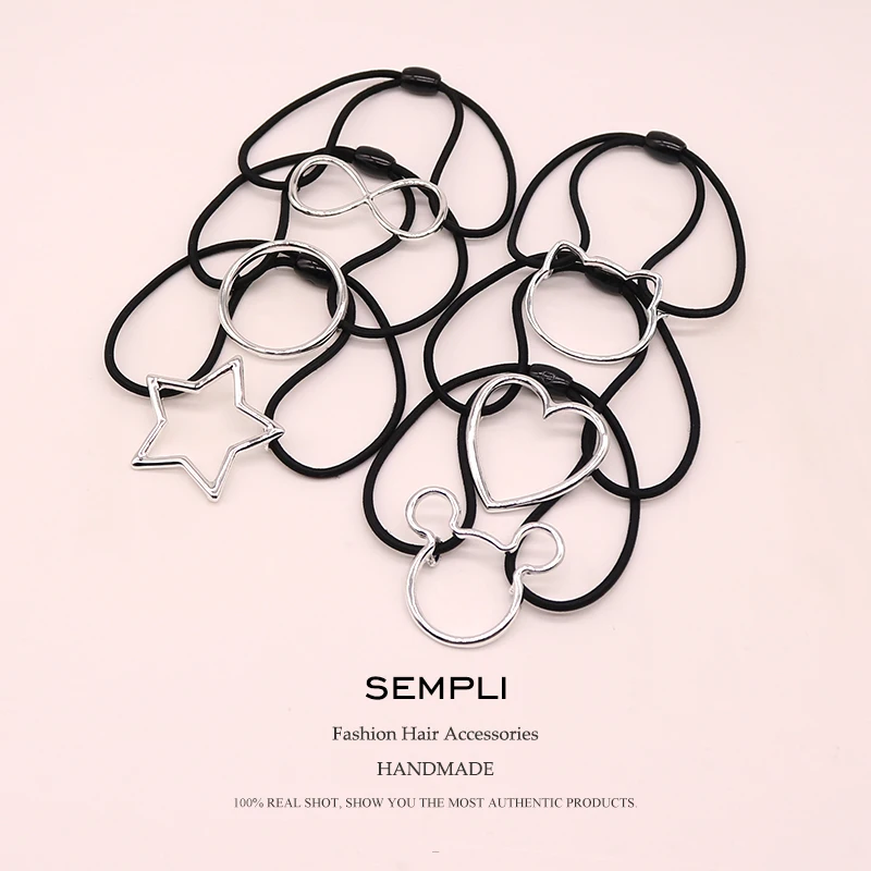 Sempli, 6 форм, высокая эластичность, резинка, серебряный цвет, Микки, кот, сердце, звезда, кольцо, классика, простая, для женщин, резинка для волос, для детей