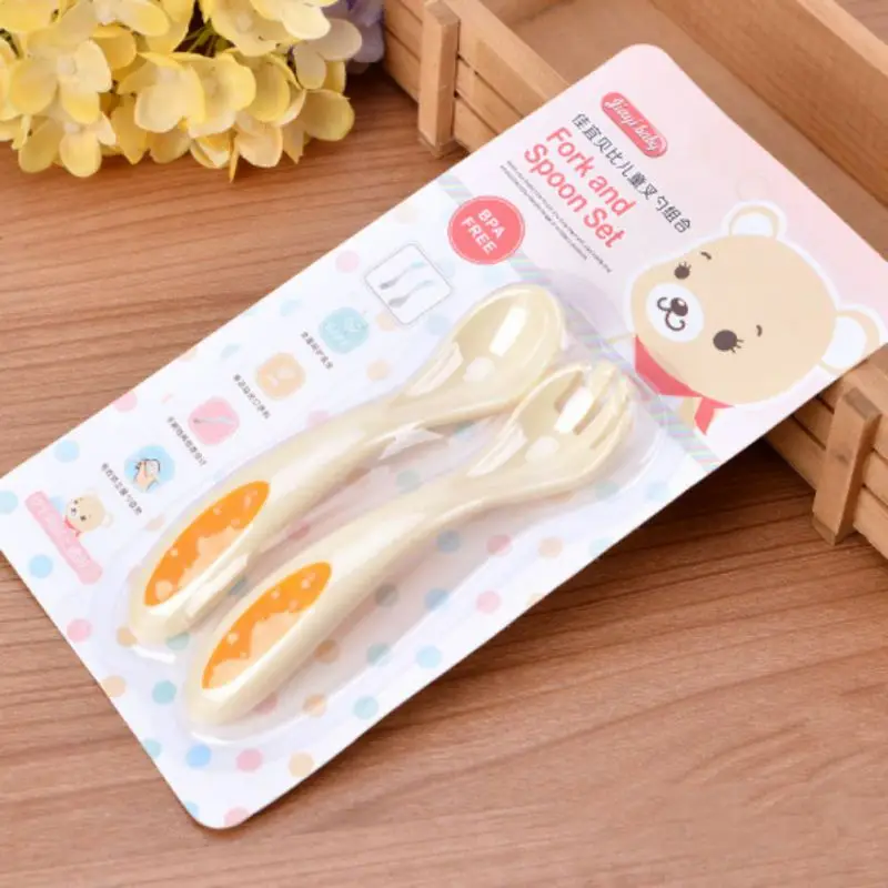 Милые для младенцев силиконовые PP материал Кормление Ложка и Frok наборы сплошной цвет мягкий высокое качество посуда Дети обучения посуда