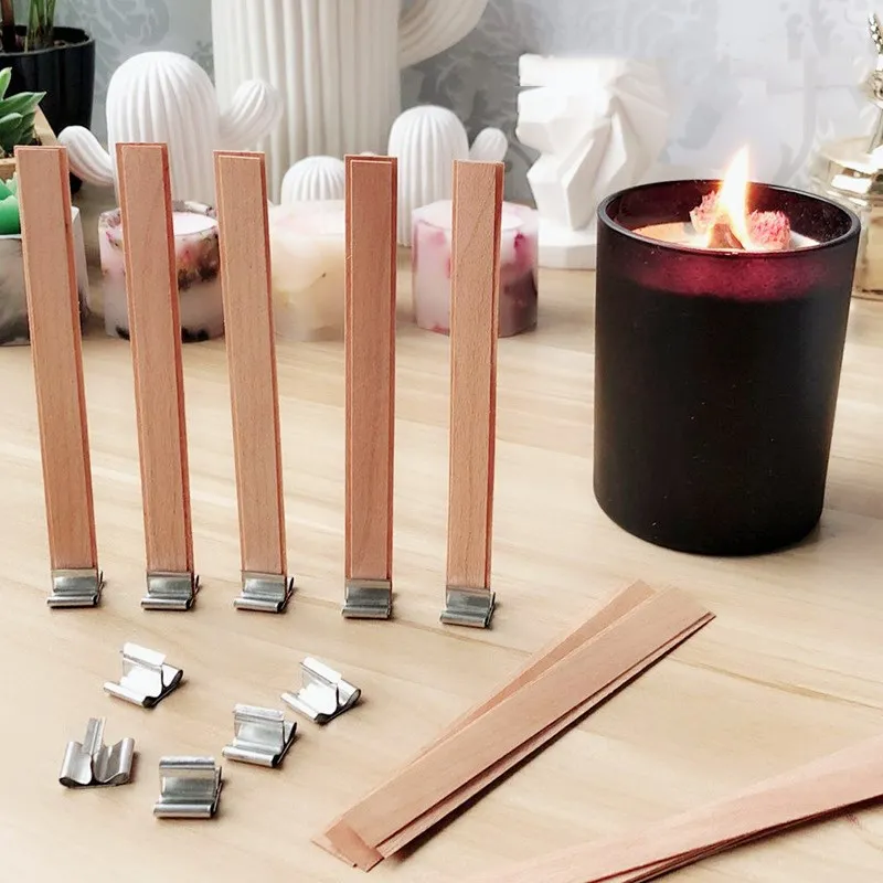 Soy Wax 20PCS Natural Wood Wax Wick DIY Candle Material Aromatherapy Smokeless Environmental Protection Wood Chip Wick Holder