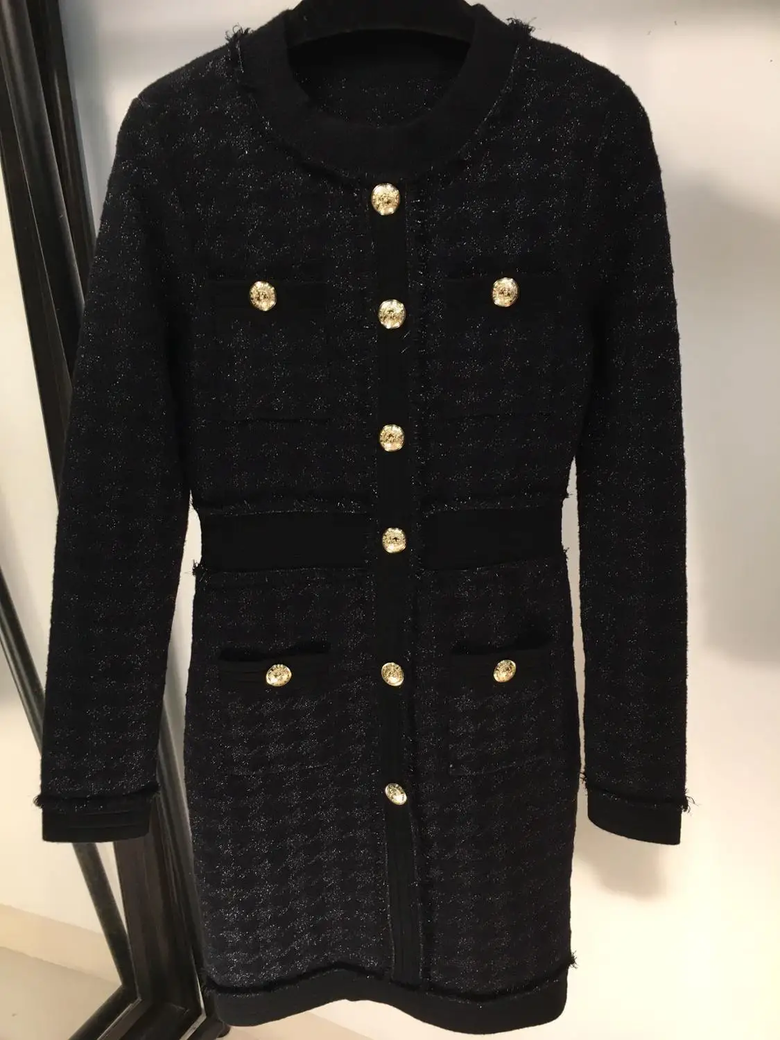 11.19 Early Autumn New O-neck long sleeve houndstooth knitted dress single breasted Tailored gold button fashion dress