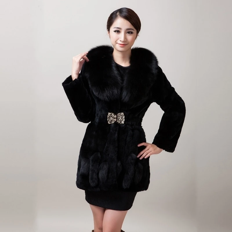 Зимнее теплое роскошное пальто с воротником из лисьего меха женское элегантное