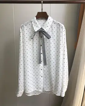 

Women's White Stars Printted Shirt Long Sleeve Blouse Emerald Buckle Bow Tie Ladies Office Top Early Autumn