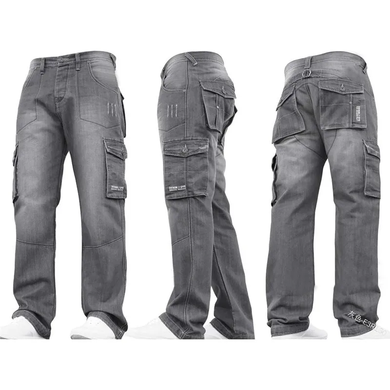KIMSERE мужские мешковатые карго джинсы брюки с несколькими карманами Свободный крой повседневные тактические джинсовые брюки рабочая одежда джинсы размера плюс S-5XL - Цвет: Серый