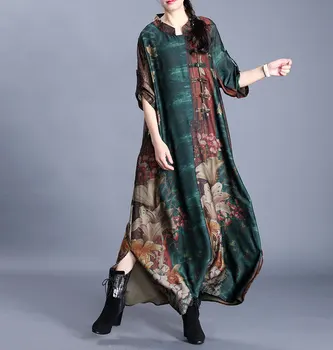

Chinese National Style Retro Stand Collar Single Breasted Stitching Hem Split Loose Dress 2020 New Printed Irregular Long Dress